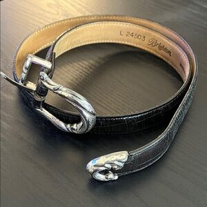 Brighton Black and Tan Leather Belt with Ornate Silver Buckle